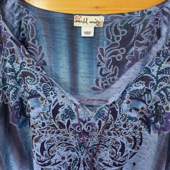 ONE WORLD Embellished L Purple Tie Top Longsleeve Tassel Tunic Blouse BOHO - Picture 2 of 5
